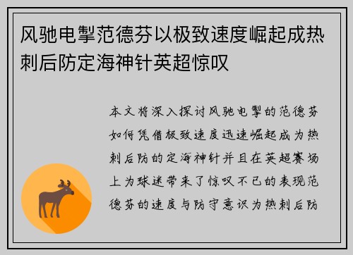 风驰电掣范德芬以极致速度崛起成热刺后防定海神针英超惊叹