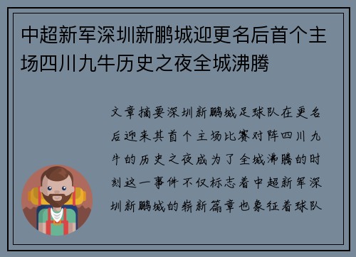 中超新军深圳新鹏城迎更名后首个主场四川九牛历史之夜全城沸腾 中超新军深圳新鹏城迎更名后首个主场四川九牛历史之夜全城沸腾